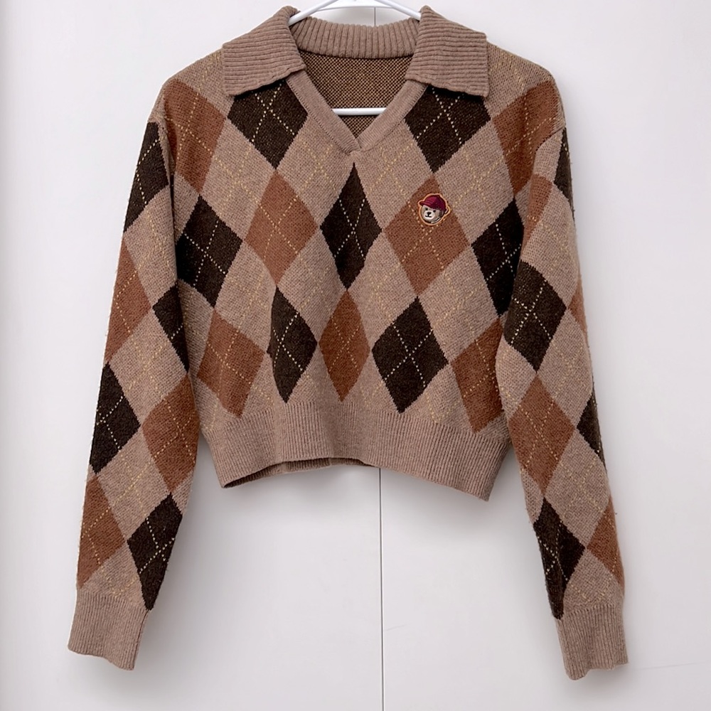 Tan & Brown Argyle Cropped Sweater with Teddy Bear Patch